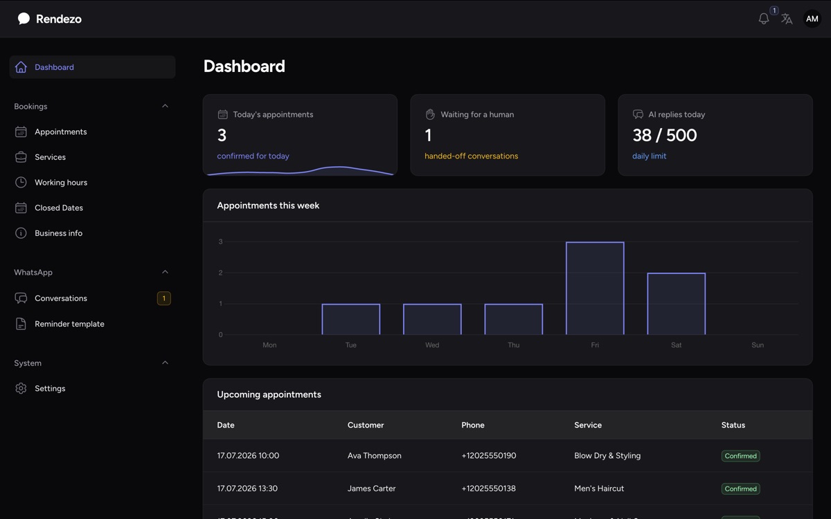 Rendezo dashboard in dark mode
