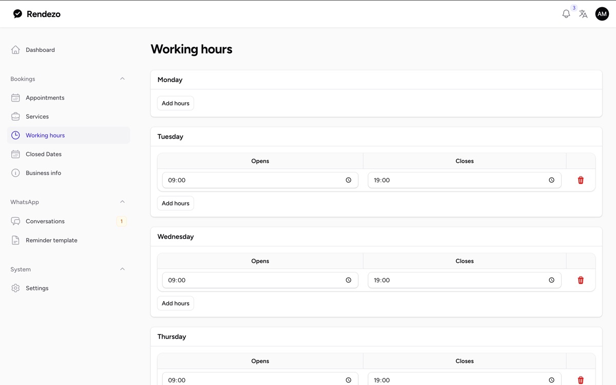 Weekly working hours editor in the Rendezo admin panel